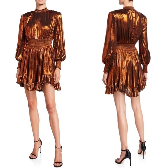 RETROFETE MELODY RUST METALLIC LONG BISHOP SLEEVE SMOCKED DISCO PARTY DRESS - Picture 1 of 17